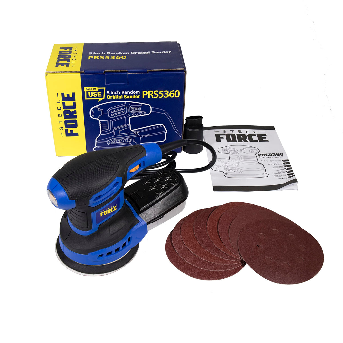 Steel Force PRS5360 5-inch 3.0A Random Orbit Sander with 8Pcs Sandpapers, 6 Variable Speed 6000-13000RPM and High-Performance Dust Collection System for Woodworking